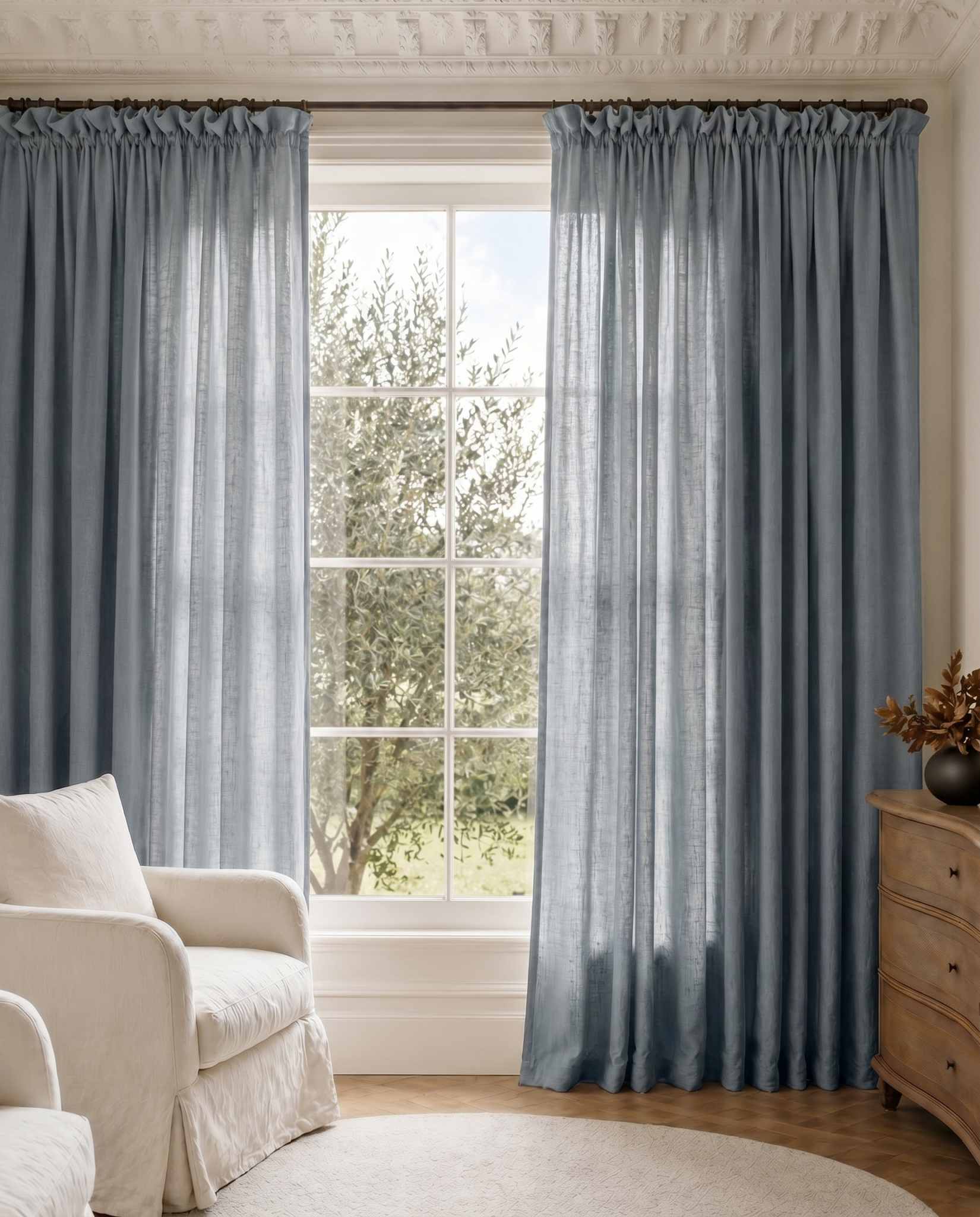 Greyish Blue Wide Linen Curtains. Made of double width 280 cm wide soft pure linen fabric Vilgot Lake Blue by Ada & Ina