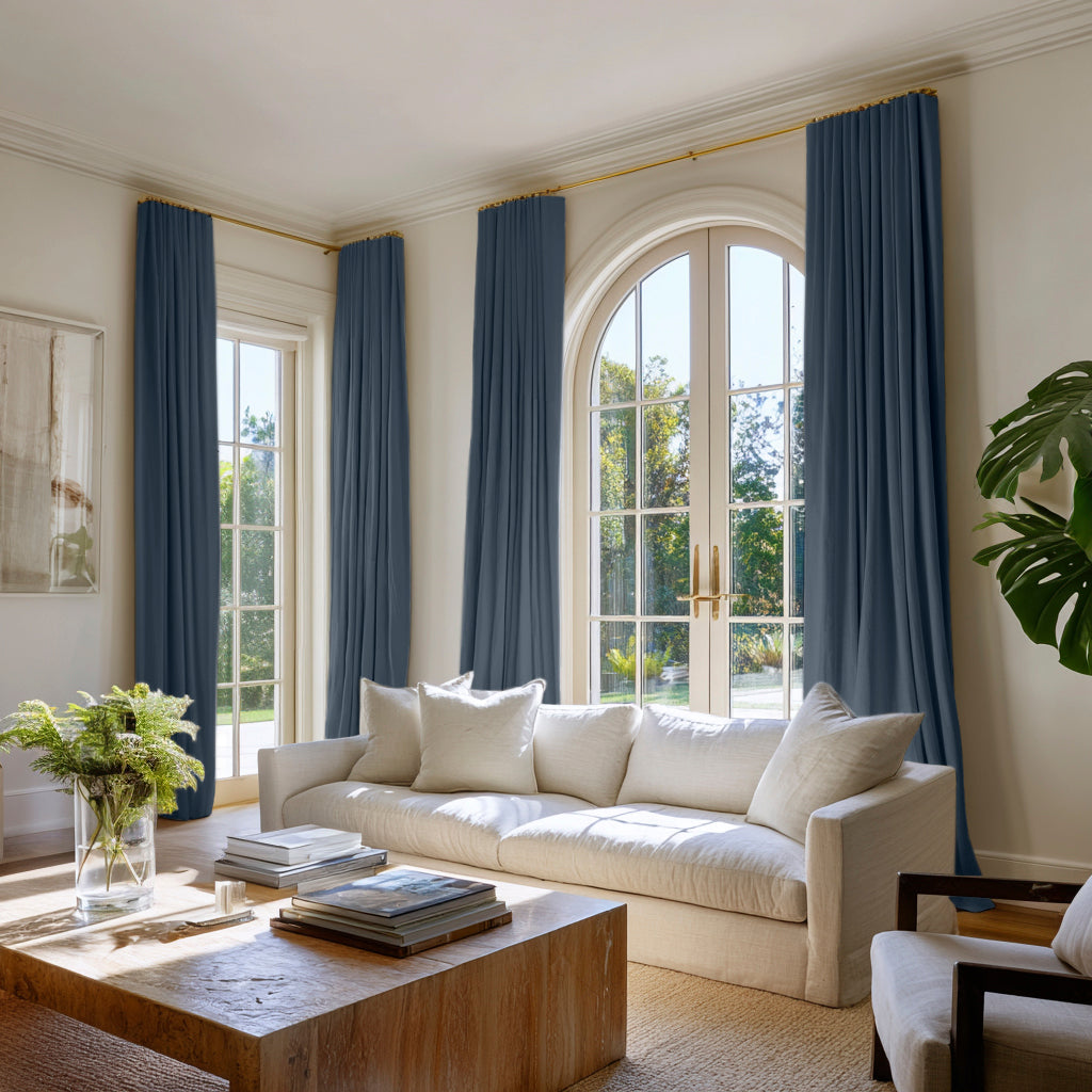 Blue cotton curtains, made of Amara Blue Grey - Blue 100% cotton fabric. Lifestyle image.