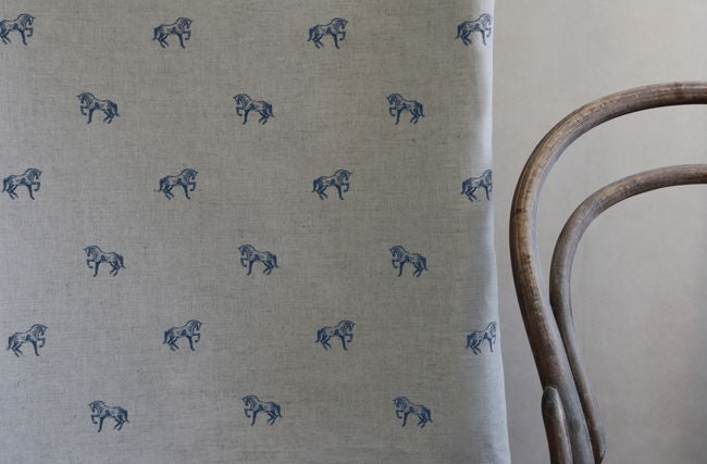Horse Blue Stone - Curtain fabric with blue pattern of horses
