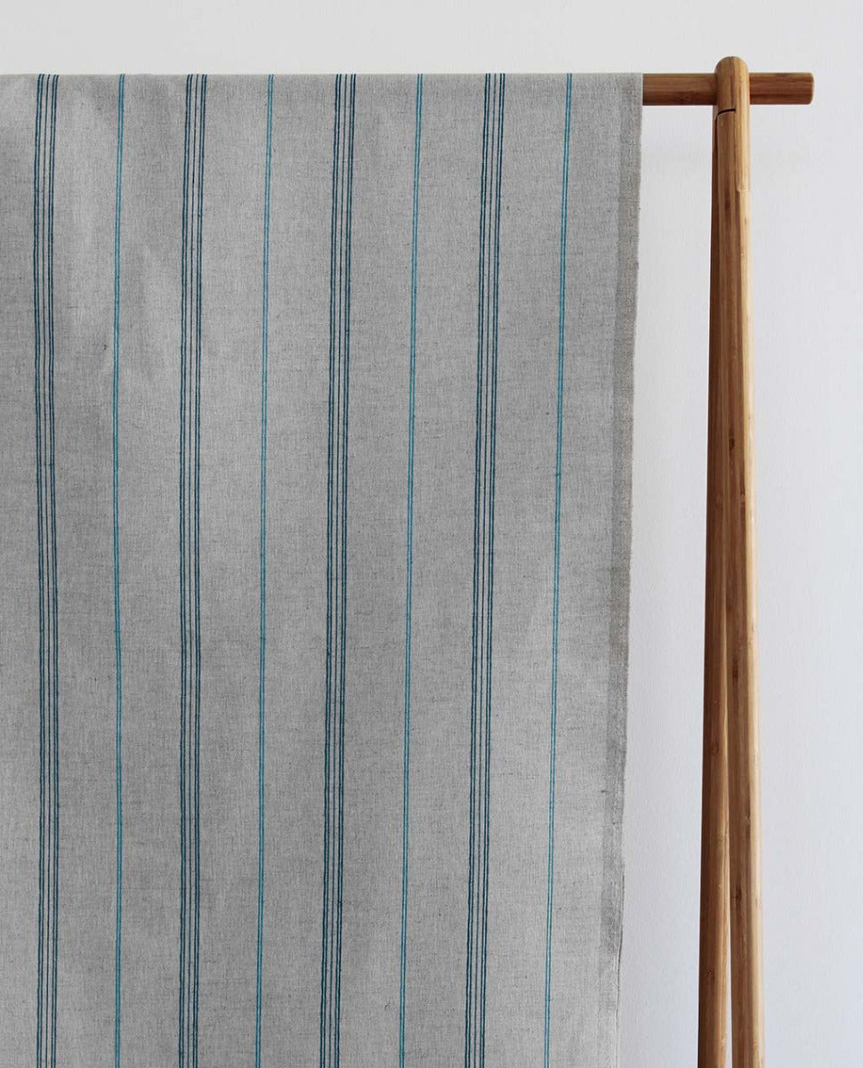 Elise Blue Stone- Linen Cotton mix curtain fabric, Blue Stone & Marine Blue stripes