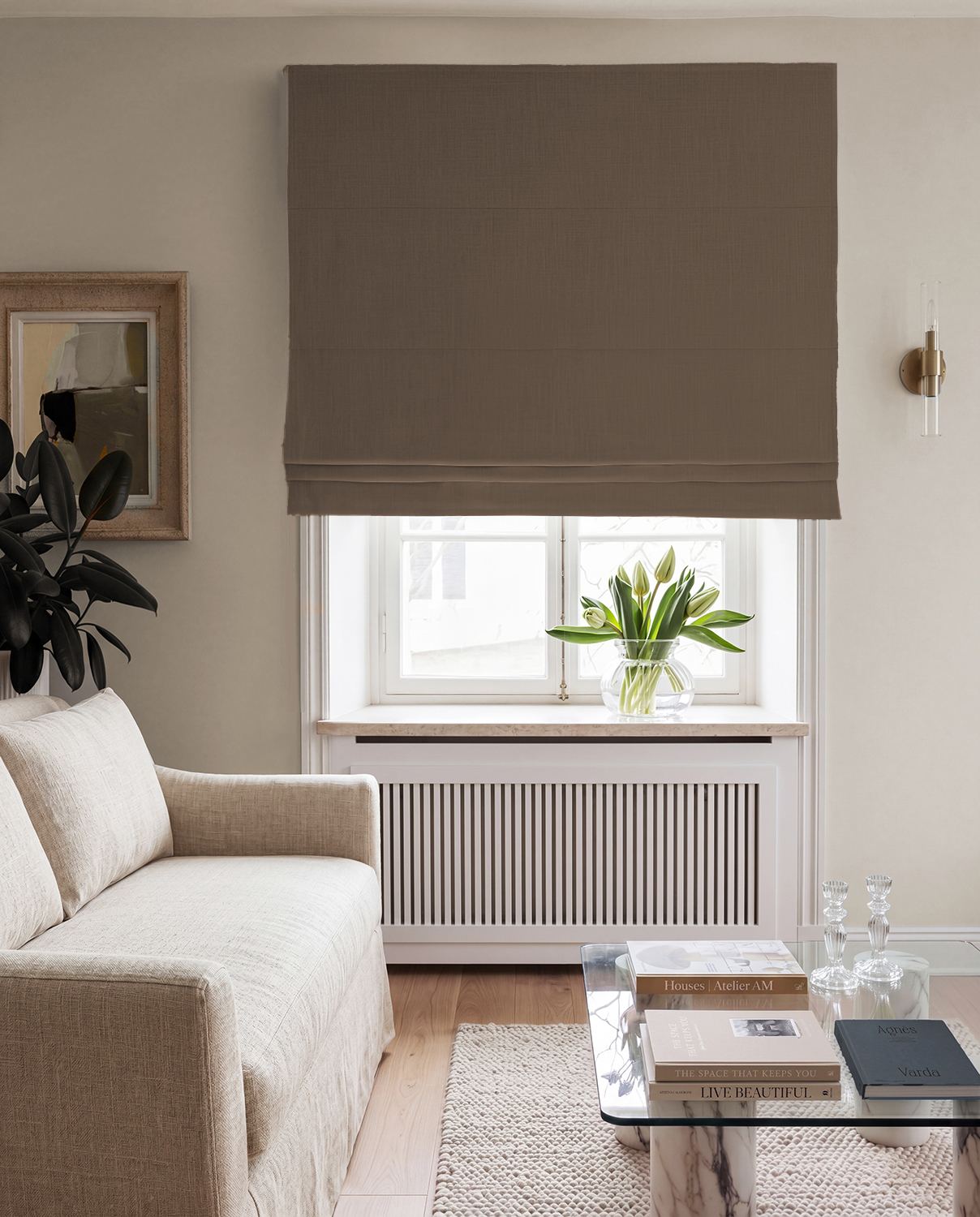 Brown 100% Linen Roman Blind with Blackout lining. Bea Chestnut by Ada & Ina Fabrics