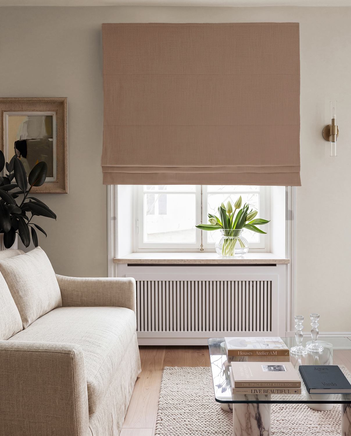 Brown 100% Linen Roman Blind with Blackout lining. Beata Caramel by Ada & Ina Fabrics