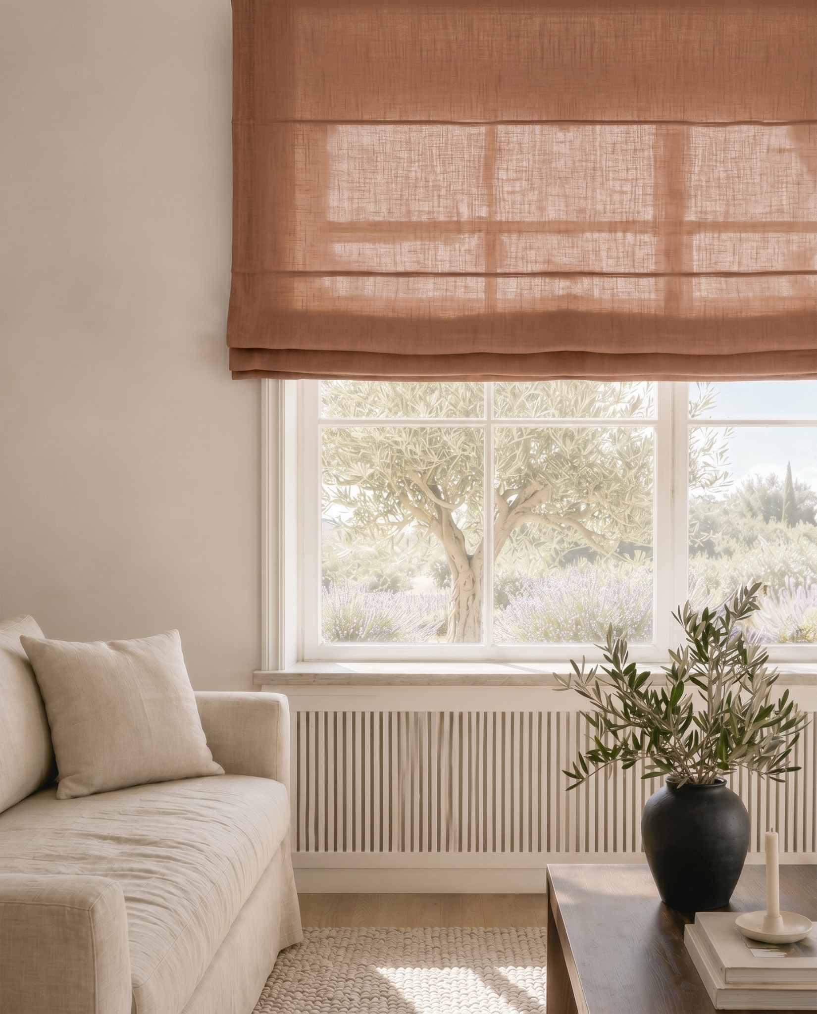 Brown Linen Roman blind. Mariana Copper Smoke by Ada & Ina