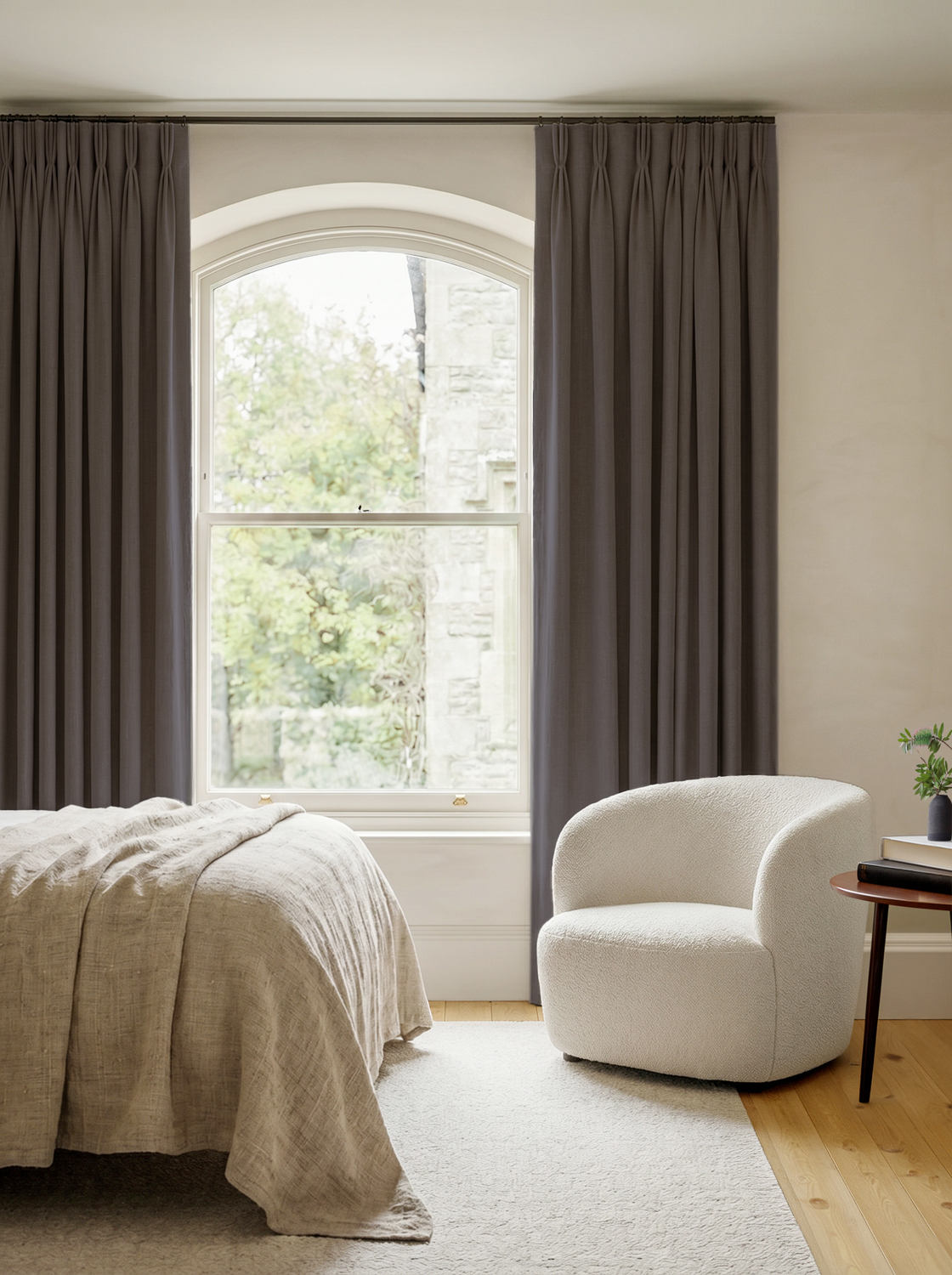 Brown 100% Linen Triple Pleat curtains. Bea Cedar by Ada & Ina