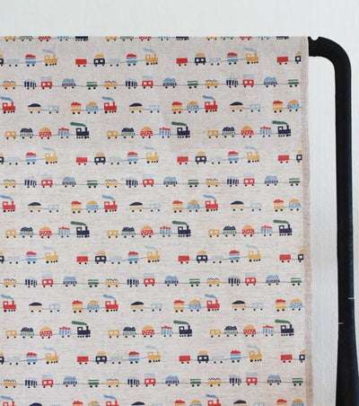 Bruno Navy - Natural fabric, Blue train pattern - Kids print!