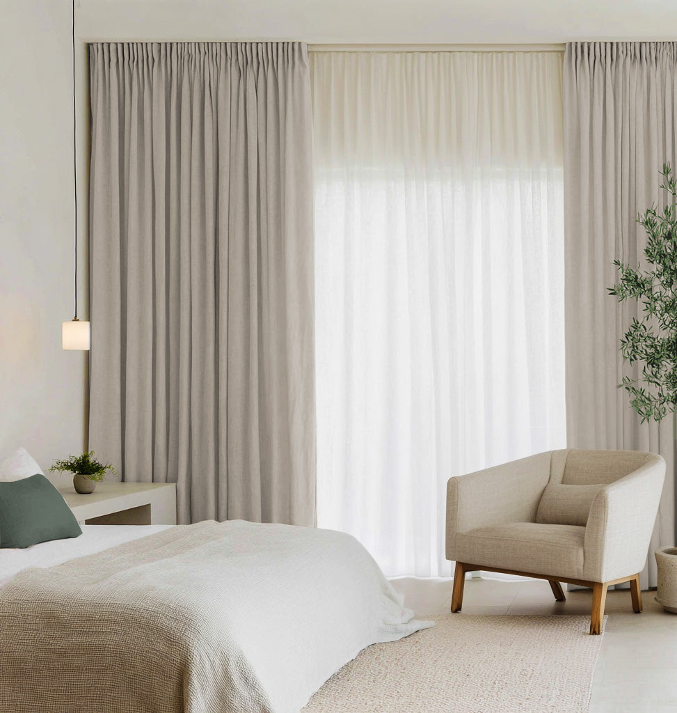 Pair of curtains made of Carita Oatmeal Double width linen fabric