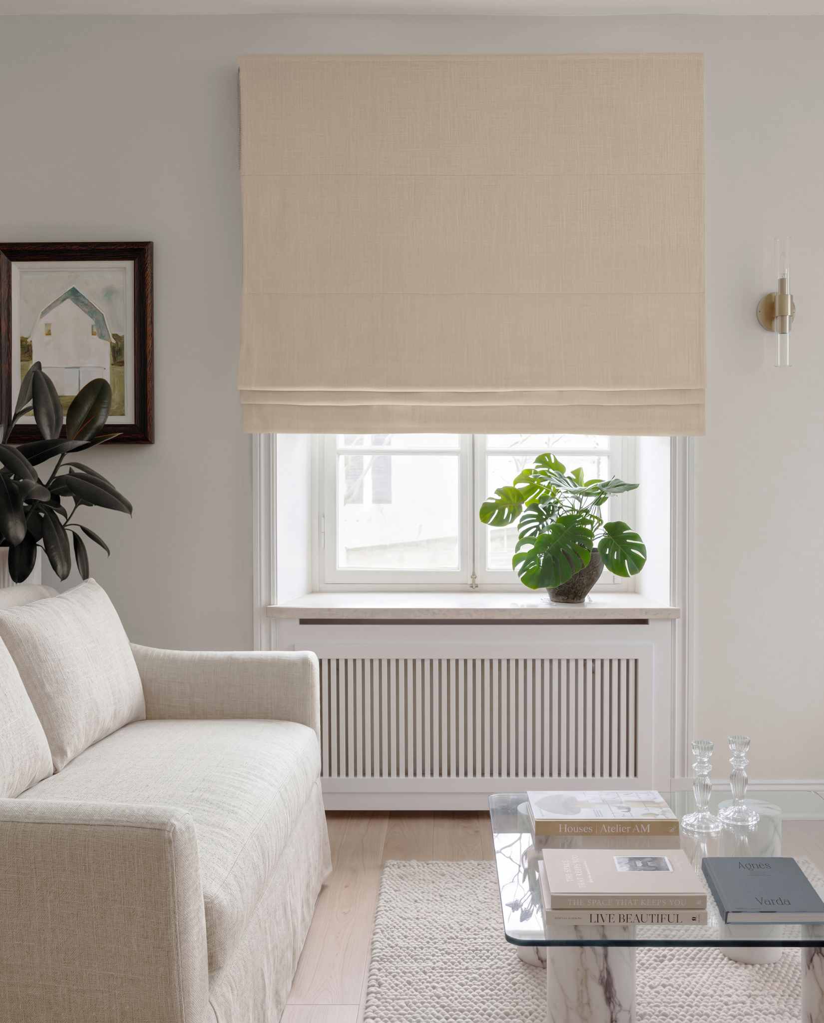 Chalk Linen Roman blind blackout lined - pre-washed 100% linen. Bianco Chalk by Ada & Ina.