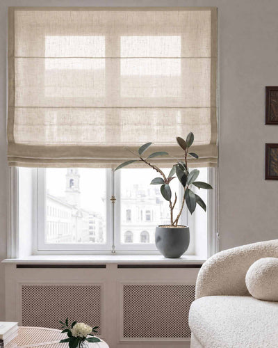 Chalk coloured Roman blind. Made of soft pre-washed 100% Linen fabric -  Lupe Chalk