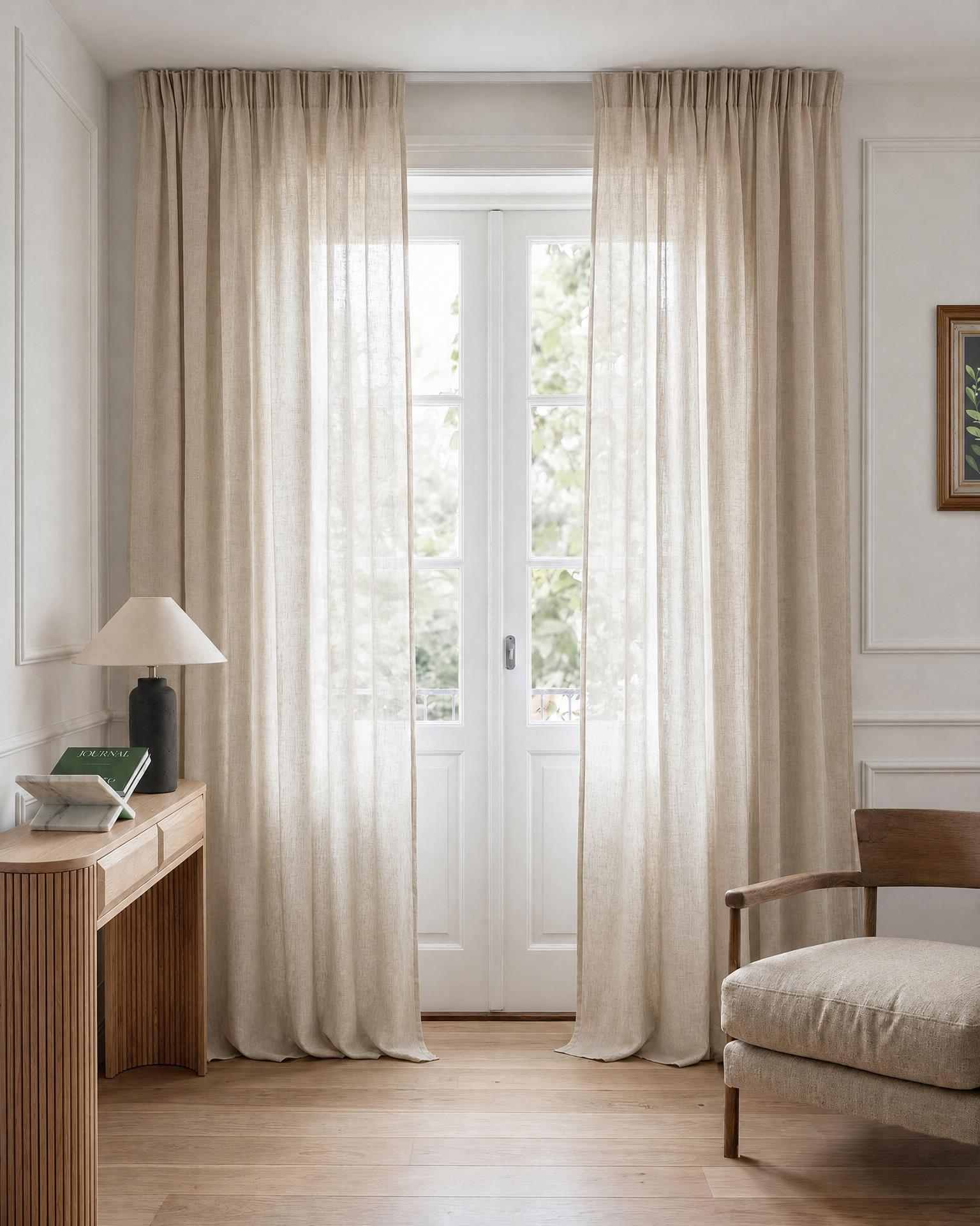 Chalk coloured Pleated bespoke linen curtains. Made of pre-washed 100% Linen fabric -  Lupe Chalk