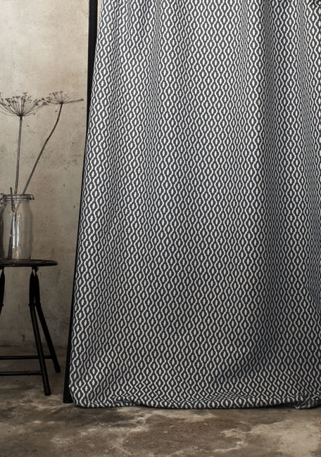 Oona Charcoal - White linen fabric, Dark Grey abstract print