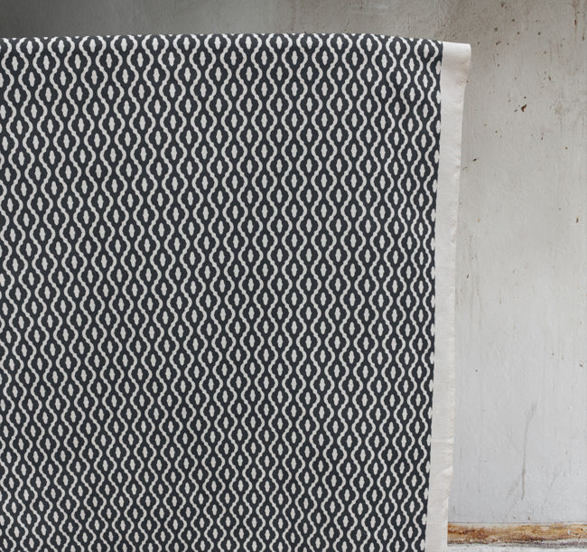 Oona Charcoal - White linen fabric, Dark Grey abstract print