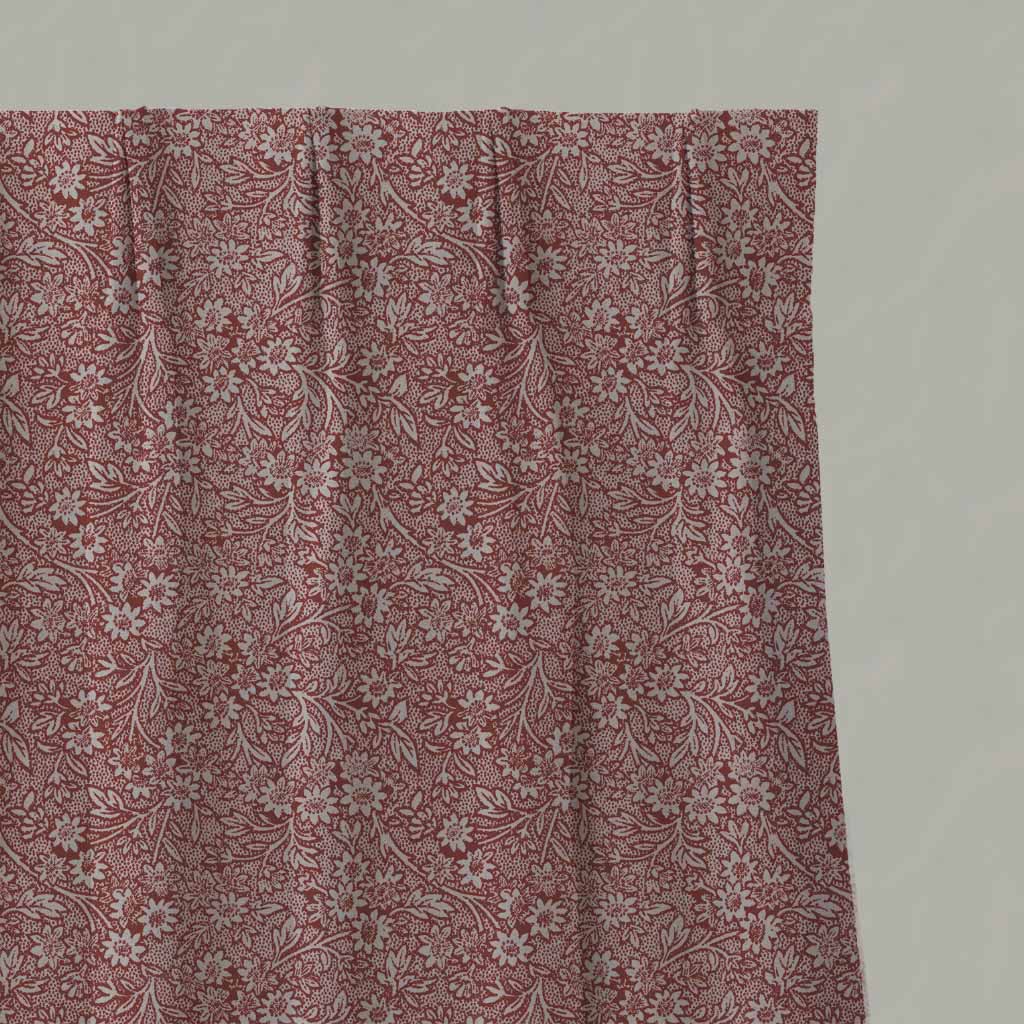Red Floral Linen Pleated Curtain - Cheye Crimson Red - Natural base fabric.