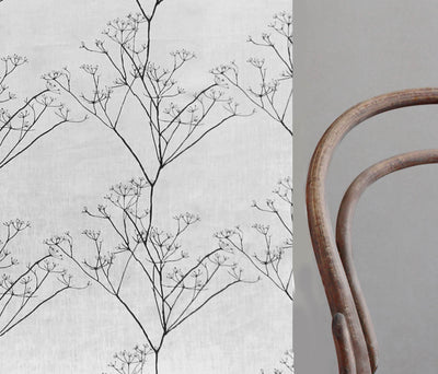 Cicely Black - White linen fabric, black botanical print