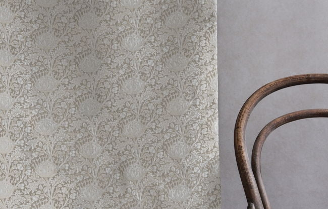 Katarina Clay - White linen fabric with Grey floral print