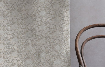 Katarina Clay - White linen fabric with Grey floral print