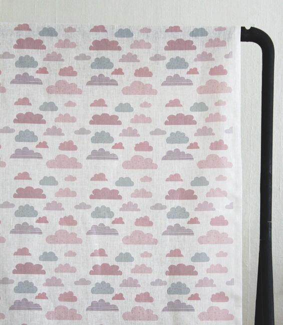 Cloud Dreams Pink - White Linen fabric, Pink cloud pattern - Kids print!