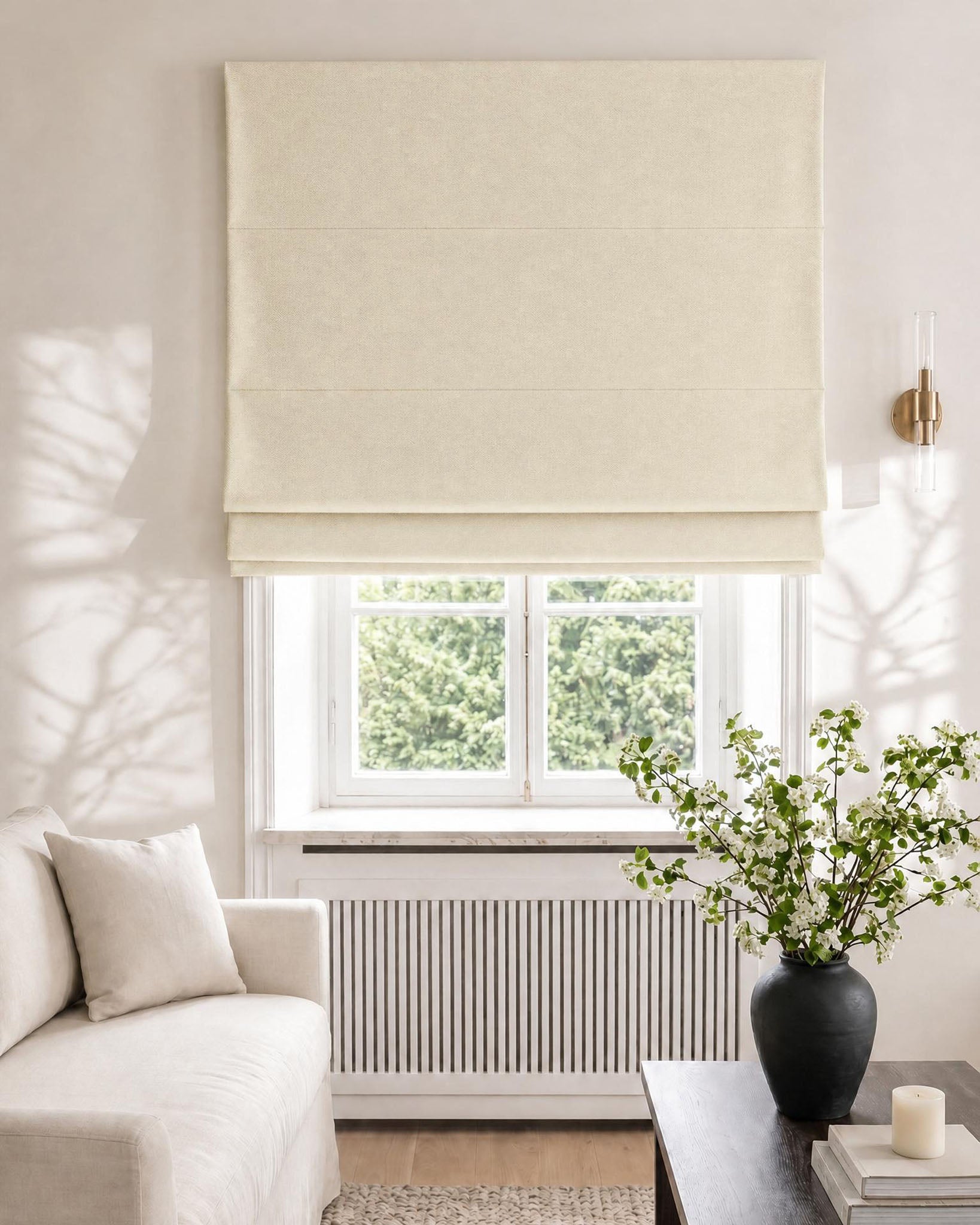 Cream White Blackout Lined Roman Blinds Living Room