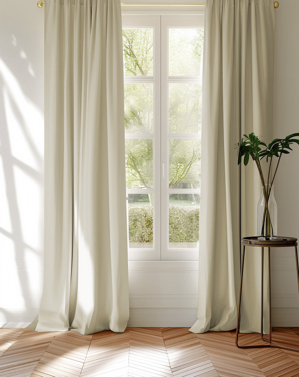 A pair of neutral cotton curtains, detail shot