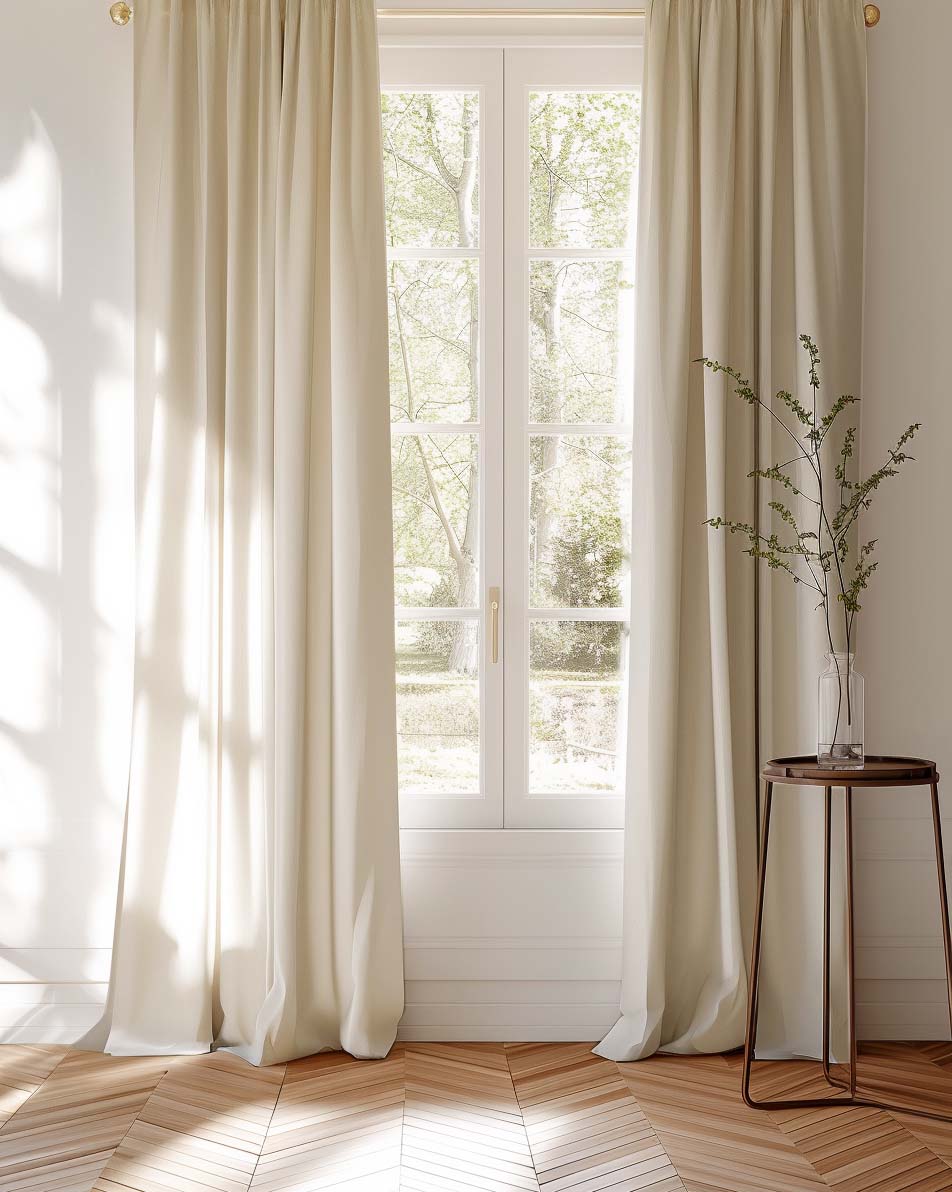 Cream coloured cotton curtains covering a window looking into garden