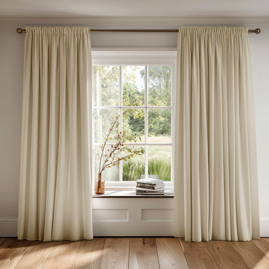 Neutral curtains made of Amara Creamy Mist cotton fabric