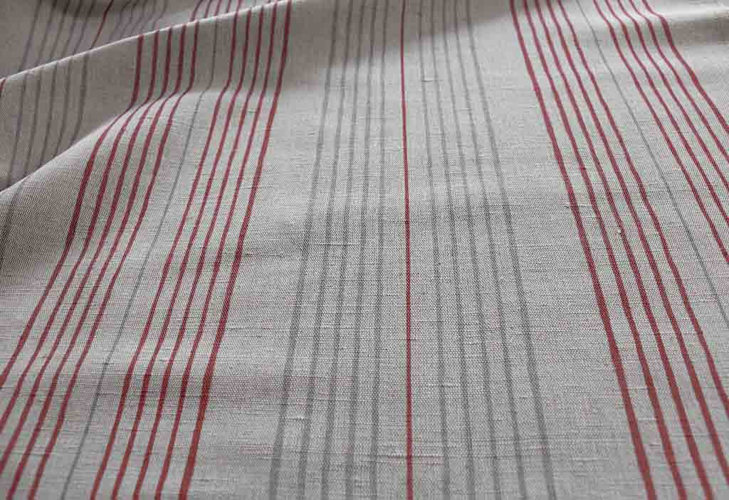 Else Crimson Red -  Linen Cotton mix curtain fabric, Red & Grey stripes