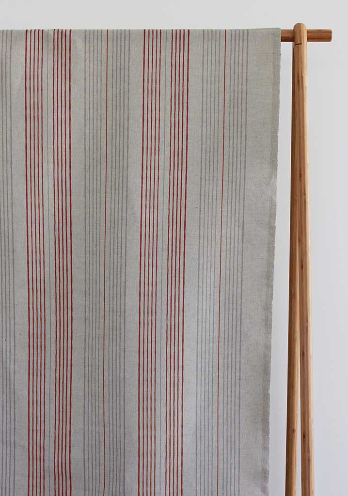Else Crimson Red -  Linen Cotton mix curtain fabric, Red & Grey stripes