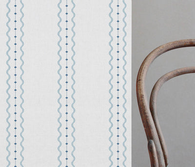 Daphne Blue-WHT - White fabric with Blue Print. Abstract Print, Linen Mix