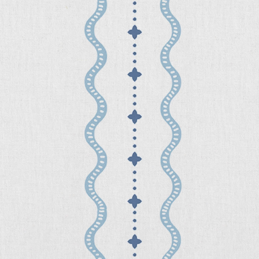 Daphne Blue-WHT - White fabric with Blue Print. Abstract Print, Linen Mix