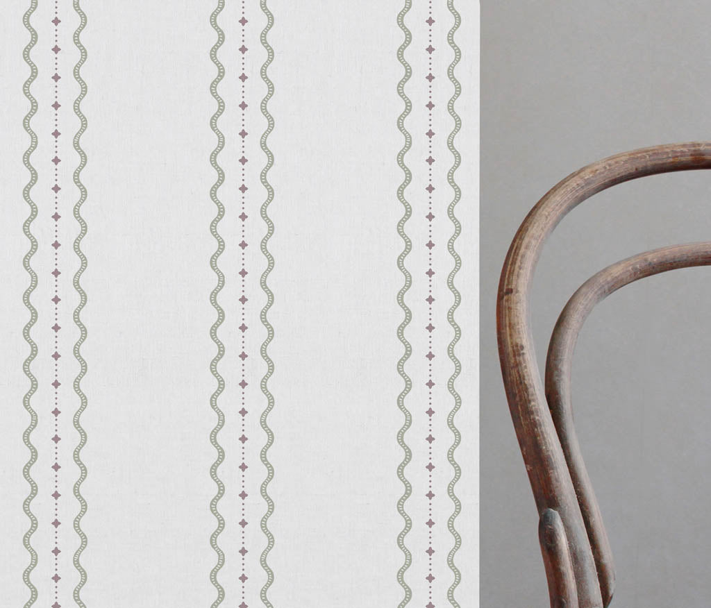 Daphne Moss-WHT - White fabric with Green Print. Abstract Print, Linen Mix