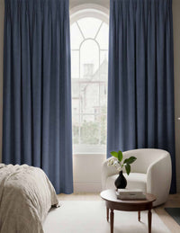 Dark Blue Made to measure linen curtains - Blackout lined 100% linen Pleated heading. Greta Midnight.