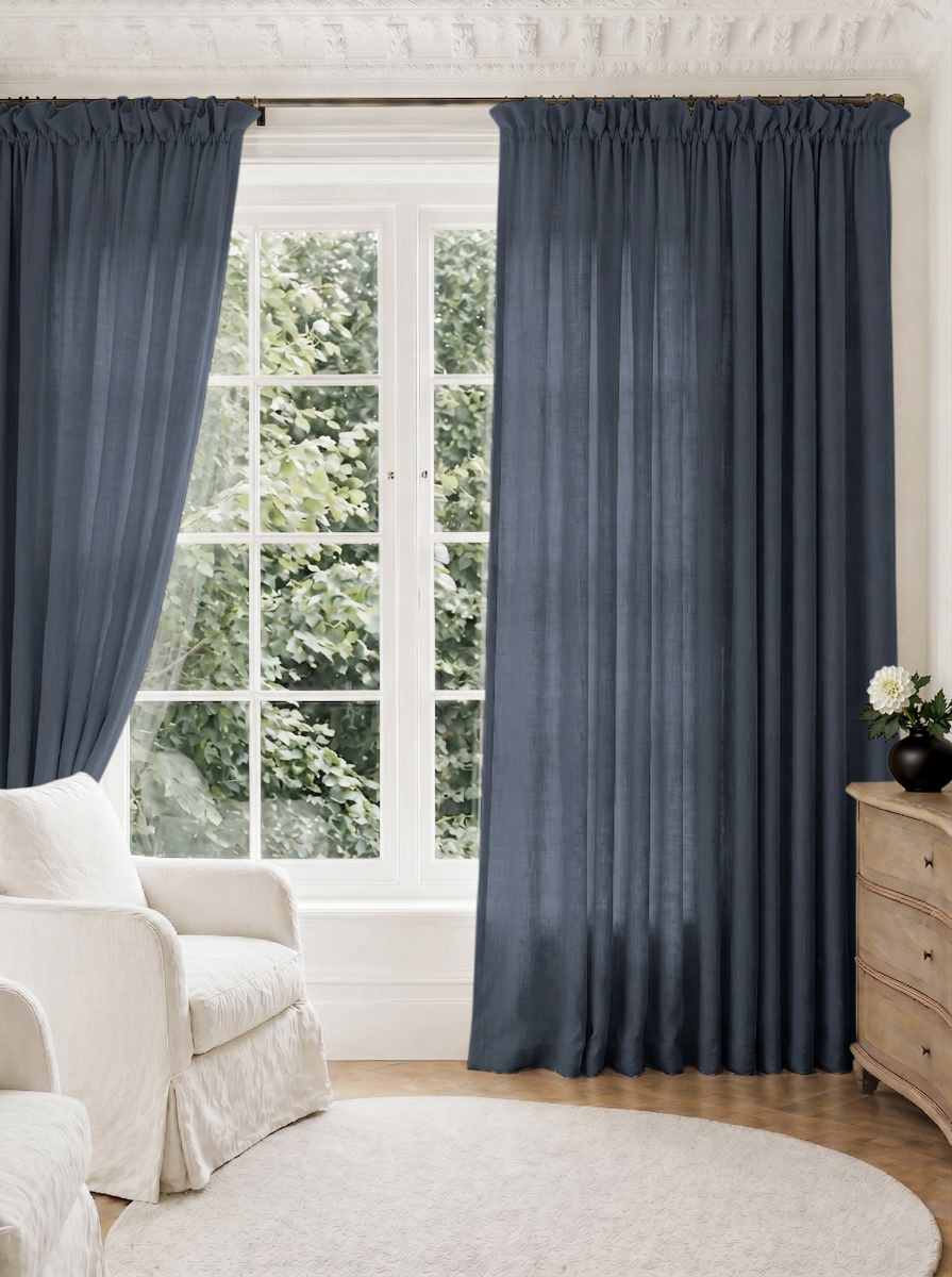 Dark Blue Pleated Linen curtains for Living room. Made of pre-washed linen Bianco Navy by Ada & Ina.