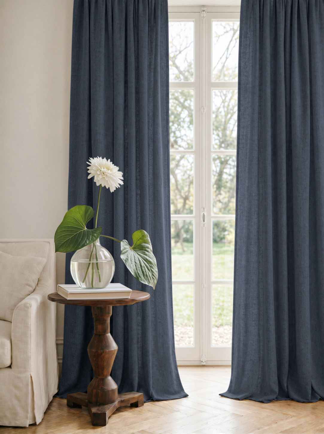 Dark Blue Linen Curtains - Cotton lined. Made of pre-washed 100% linen Bianco Navy by Ada & Ina.