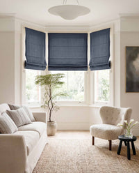 Dark Blue Linen Bay window roman blinds for Living room and bedroom. Lined. Greta Midnight.