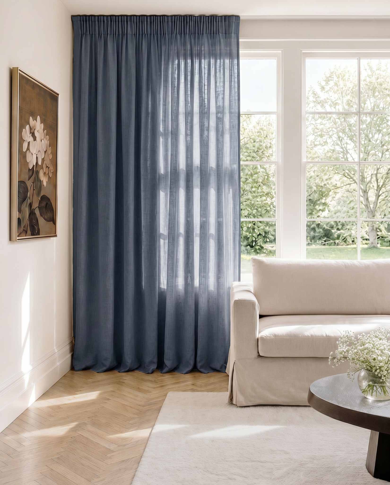 Dark Blue Pencil pleat curtains - 100% Linen. Linara Night Blue by Ada & Ina