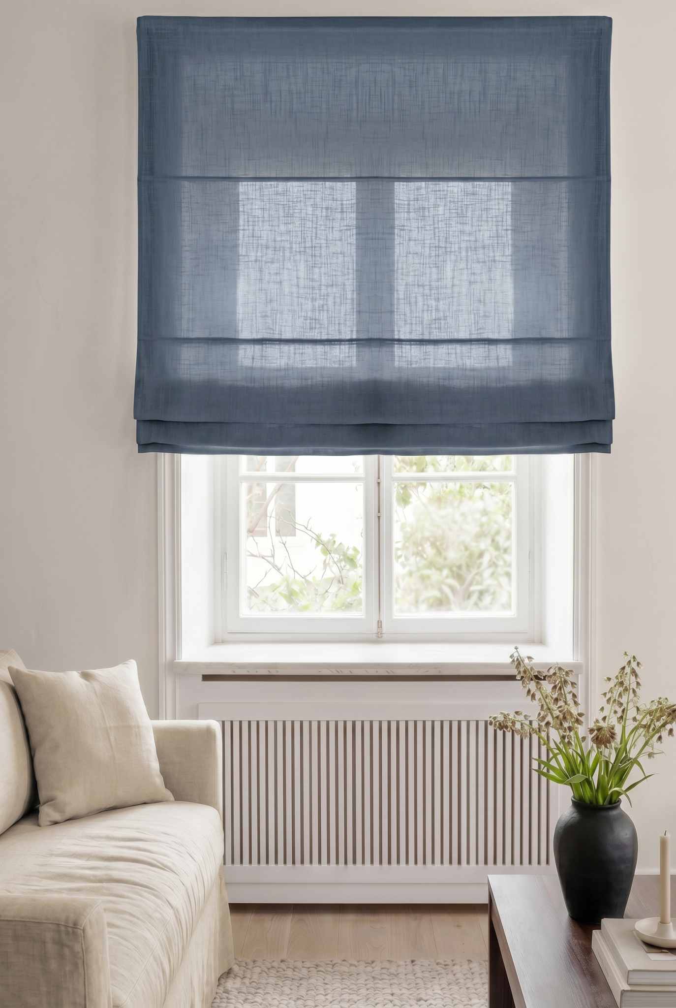 Dark Blue Linen Roman blind. Linara Night Blue by Ada & Ina