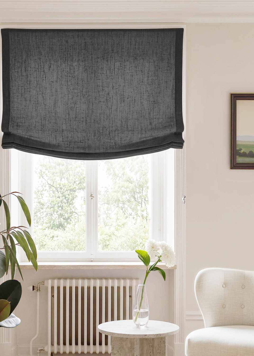 Dark Grey Relaxed linen blind - pre-washed. Bianco Asphalt by Ada & Ina.