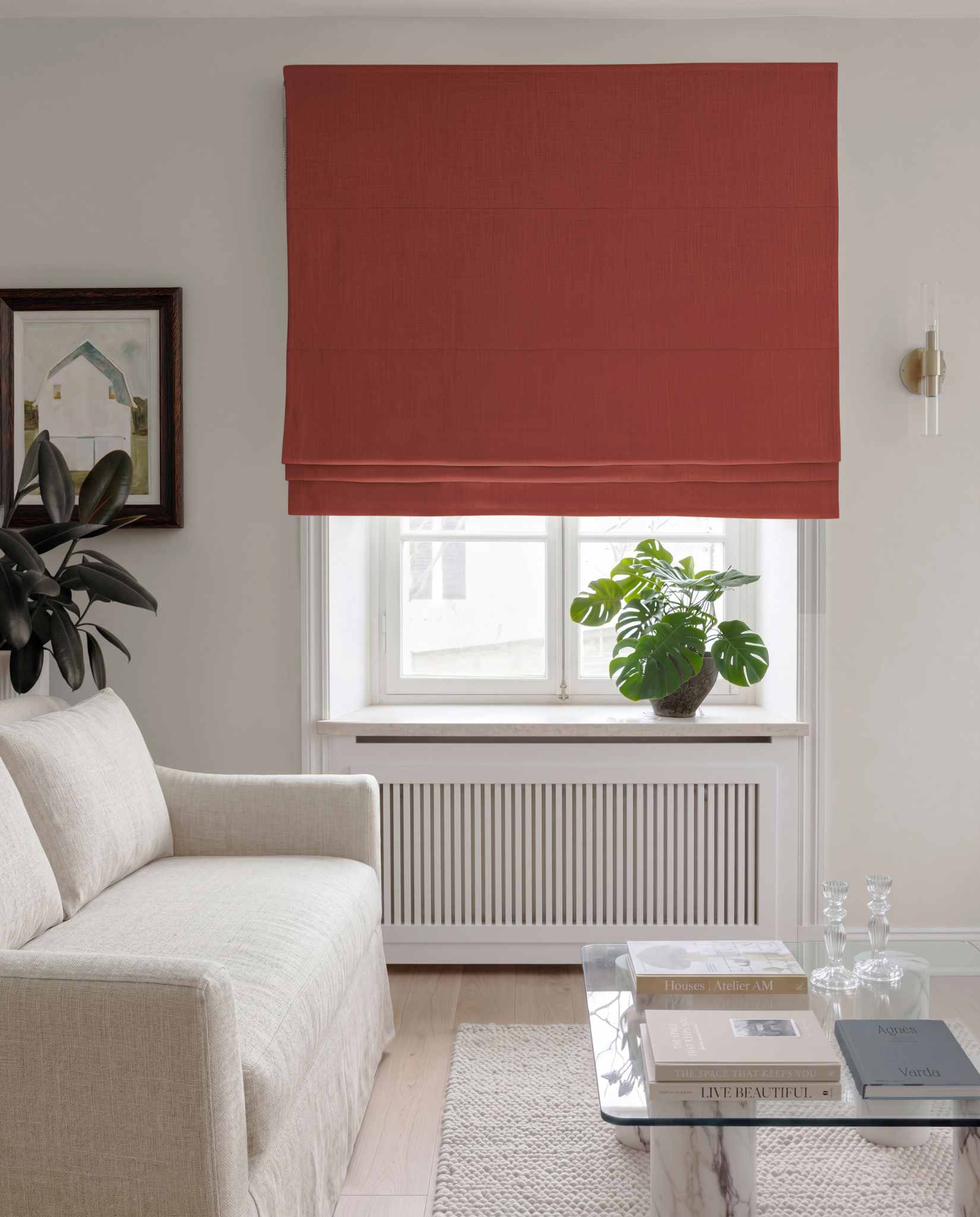 Dark Orange Linen Roman blind blackout lined - pre-washed 100% linen. Bianco Burnt Orange by Ada & Ina.