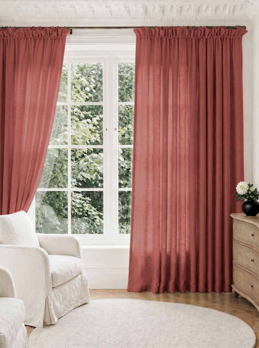 Dark Orange Pleated Linen curtains for Living room. Made of pre-washed linen Bianco Burnt Orange by Ada & Ina.