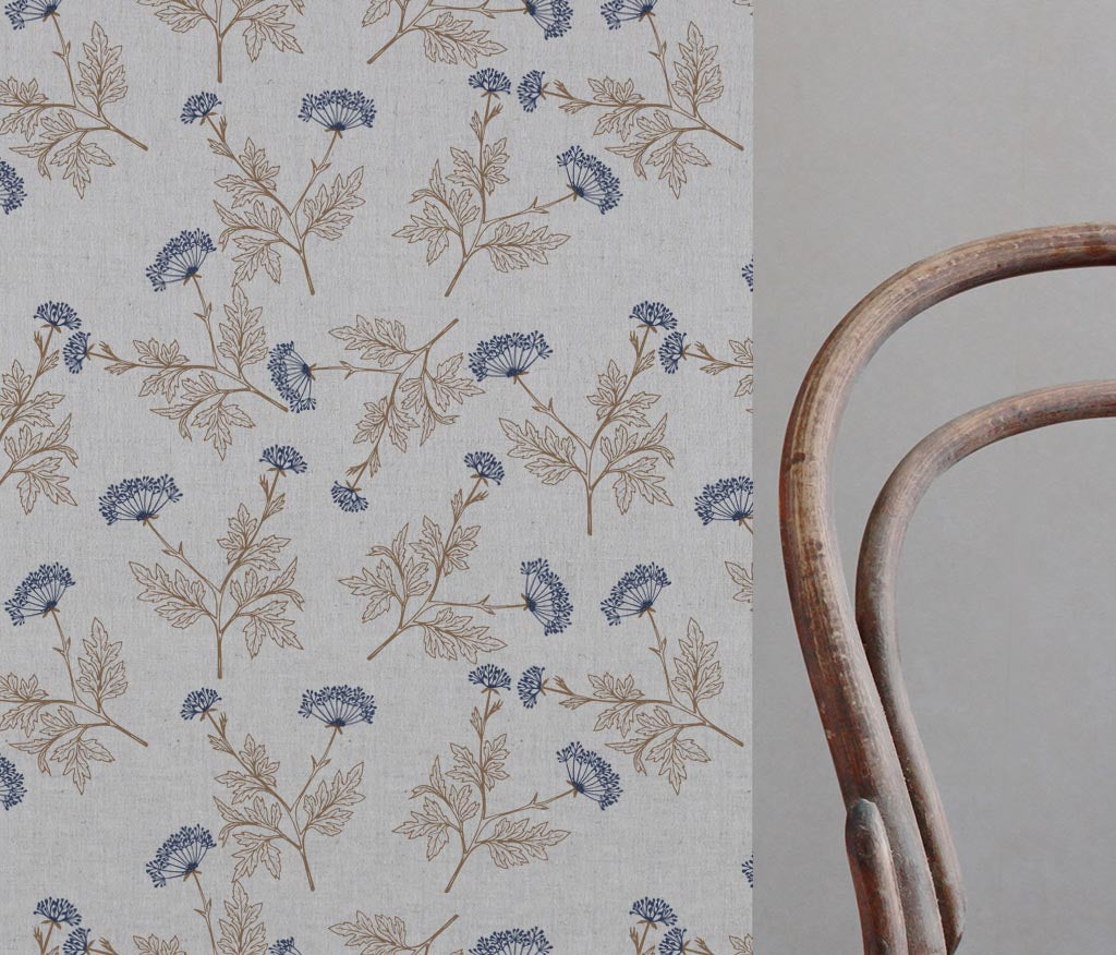 Emmy Deep Blue - Natural fabric with botanical Blue and Brown print