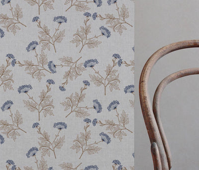 Emmy Deep Blue - Natural fabric with botanical Blue and Brown print