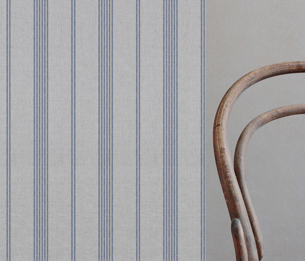 Brea Deep Blue - Natural fabric with Striped Dark Blue print
