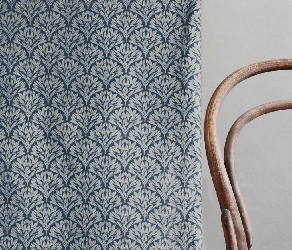 Birna Deep Blue - Curtain fabric with Dark Blue botanical print