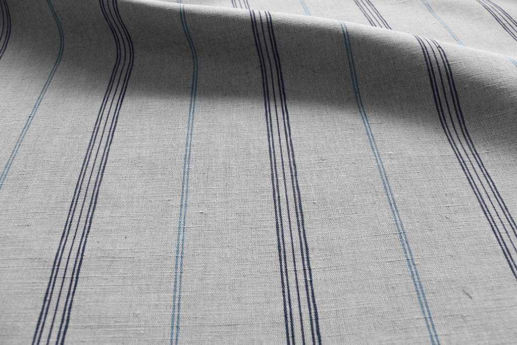 Elise Deep Blue- Linen Cotton mix curtain fabric, True Blue & Deep Blue stripes