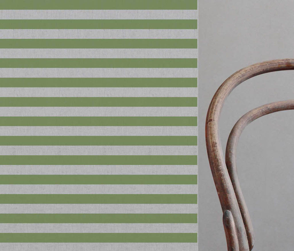Della Khaki - Natural linen mix curtain fabric, Green horizontal  stripes