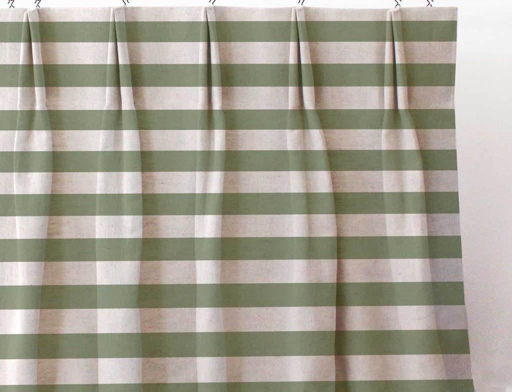 Della Khaki - Natural linen mix curtain fabric, Green horizontal  stripes