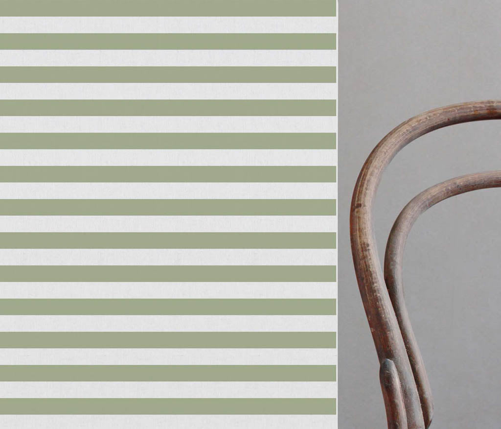 Della Moss-WHT - Linen curtain fabric, Green horizontal  stripes
