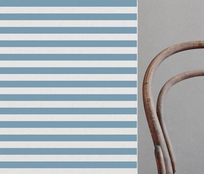 Della Paris Blue-WHT - Linen curtain fabric, Blue horizontal  stripes