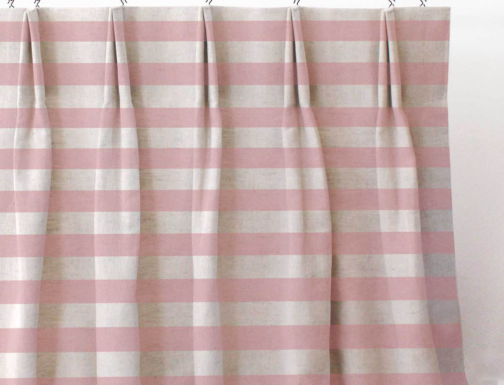 Della Summer Rose - Natural linen mix curtain fabric, Pink horizontal  stripes