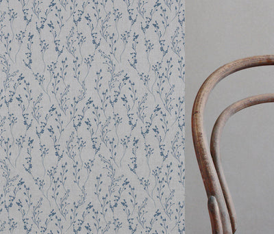 Saeeda Denim - Natural curtain fabric with Blue botanical print