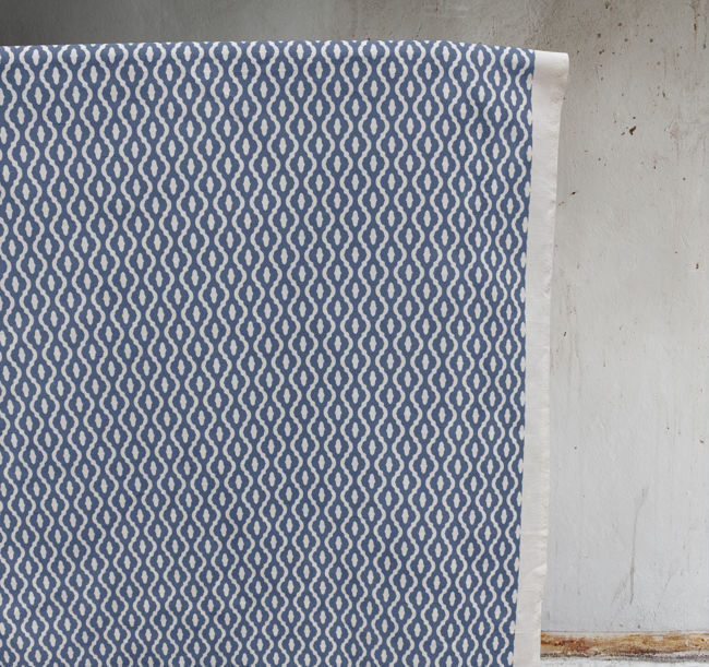 Oona Denim - White linen fabric, Blue abstract print